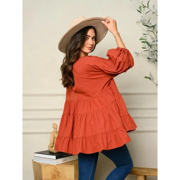 Rust Orange Long Sleeve Tiered Tunic Top - Picture 3 of 4